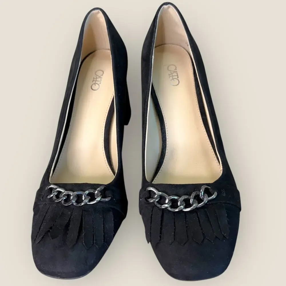 Cato Black Faux Suede Block Heel Pumps Shoes Women Size 9M Slip On Chain Link